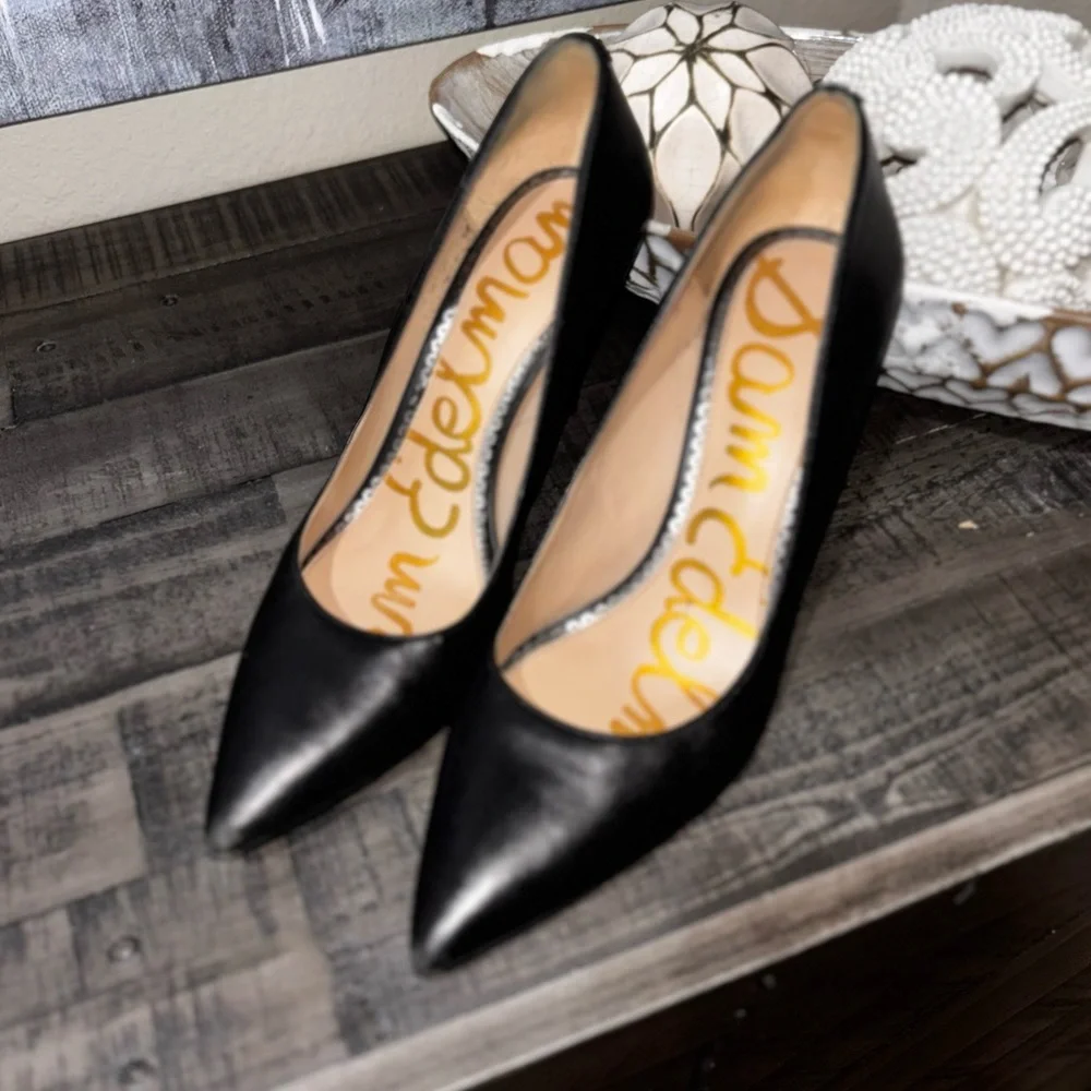 SAM EDELMAN Women's Black Leather Danna Pointed-Toe Stiletto Pumps SZ 8 - Picture 3 of 11